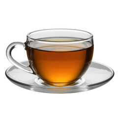 A clear glass cup filled with amber tea on a matching saucer isolated on transparent background