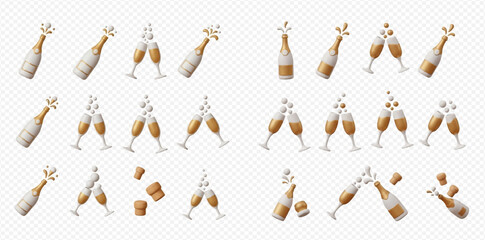 A collection of champagne bottles and glasses, depicting various stages of opening, pouring, and toasting, with effervescent bubbles and popping corks.