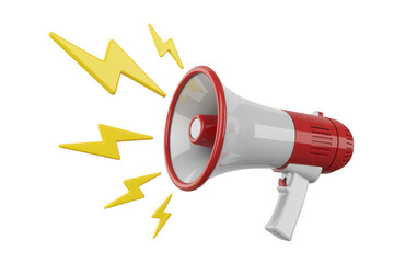 Red and white megaphone with yellow lightning bolts isolated on transparent background