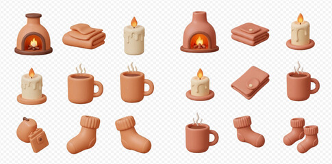 3D rendered collection of cozy winter and autumn elements including fireplaces, candles, steaming mugs, blankets, and warm socks.
