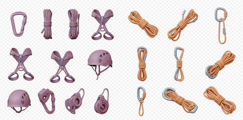 Collection of various climbing and safety equipment including ropes, carabiners, harnesses, helmets, and belay devices, isolated on a transparent background.