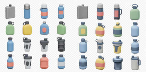 A diverse collection of 3D rendered minimalist water bottles, shakers, and flasks in various colors and shapes.