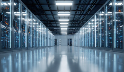 Server racks in data center corridor - Technology interior - Digital infrastructure