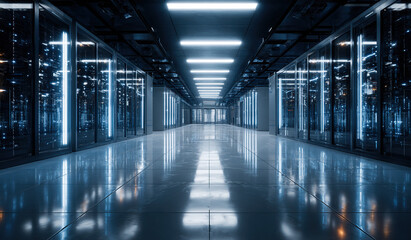 Server racks in data center corridor - Technology interior - Digital infrastructure