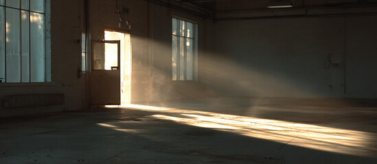 Sunbeams in abandoned warehouse - Industrial interior - Atmospheric decay