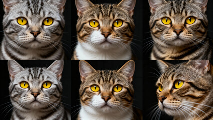 Six close-up portraits of a tabby cat with striking yellow eyes against a dark background