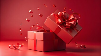 A vibrant red gift box is open, revealing a surprise inside, with red ribbons and confetti floating around it against a red background