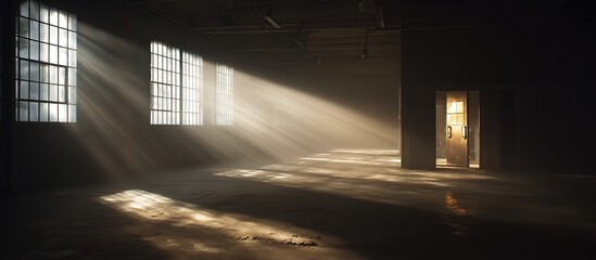 Sunbeams in abandoned warehouse - Industrial interior - Atmospheric decay