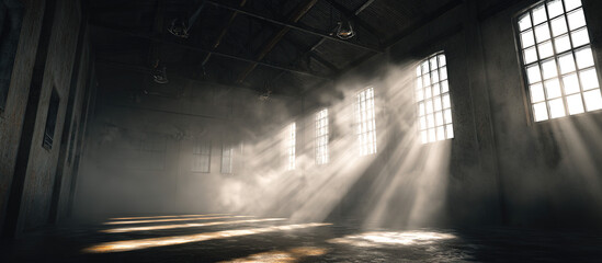 Sunbeams in abandoned warehouse - Industrial interior - Atmospheric decay