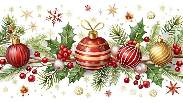 A festive christmas garland with red and gold ornaments, holly berries, and pine branches, isolated on white background