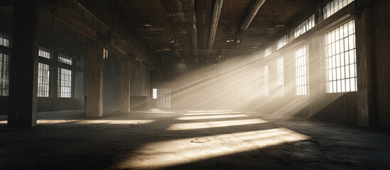 Sunbeams in abandoned warehouse - Industrial interior - Atmospheric decay