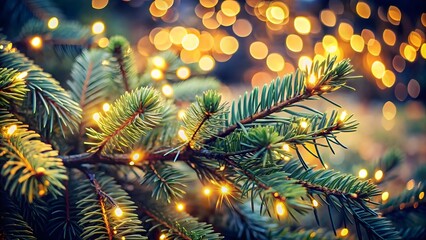 Closeup of a glowing christmas tree branch with warm fairy lights, creating a magical atmosphere