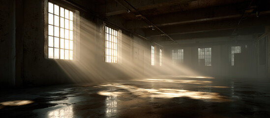 Sunbeams in abandoned warehouse - Industrial interior - Atmospheric decay