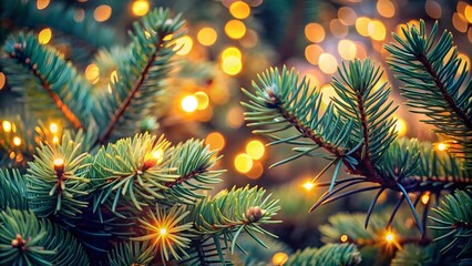 Closeup of a christmas tree branch adorned with warm, glowing fairy lights