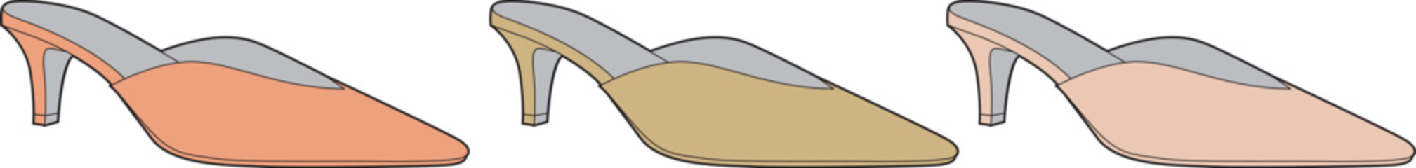 Fototapeta premium Three women's heeled shoes in different flesh-toned colors, displayed in a row against a white background