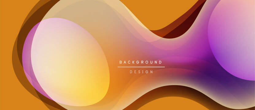 Abstract fluid shapes blend, creating warm orange, purple gradients. Modern design evokes movement, energy, visual interest. Background text present.