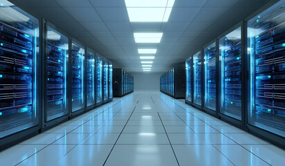 Server racks in data center corridor - Technology interior - Digital infrastructure