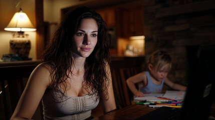 Working Mom Using Laptop at Night with Child in Background - Work Life Balance