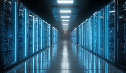 Server racks in data center corridor - Technology interior - Digital infrastructure