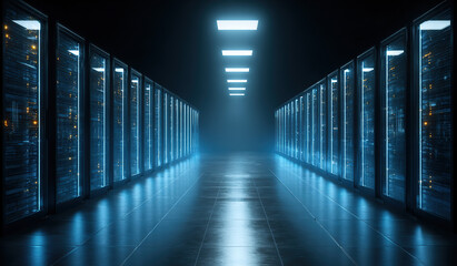 Server racks in data center corridor - Technology interior - Digital infrastructure
