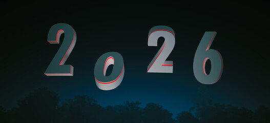 3D Retro 2026 Night Sky Moon Trees Silhouette Floating Numbers Teal Red Outline 3d Illustration