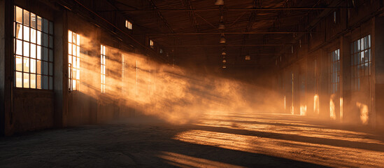 Sunbeams in abandoned warehouse - Industrial interior - Atmospheric decay