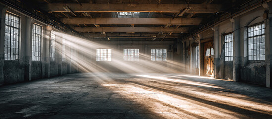 Sunbeams in abandoned warehouse - Industrial interior - Atmospheric decay