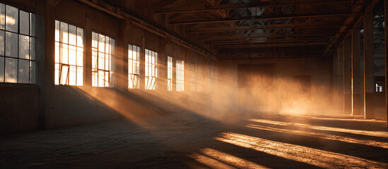 Sunbeams in abandoned warehouse - Industrial interior - Atmospheric decay