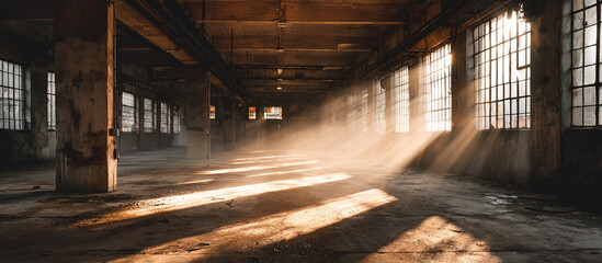 Sunbeams in abandoned warehouse - Industrial interior - Atmospheric decay