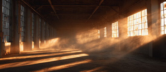 Sunbeams in abandoned warehouse - Industrial interior - Atmospheric decay