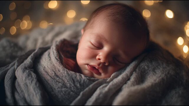 Close-up of a peaceful newborn baby sleeping soundly, swaddled in a cozy blanket with warm bokeh lights in the background