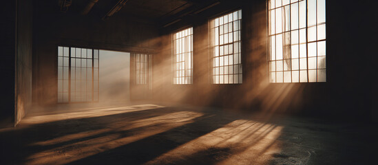 Sunbeams in abandoned warehouse - Industrial interior - Atmospheric decay