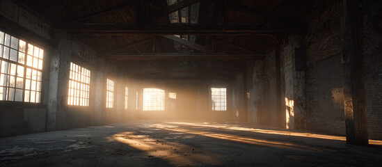 Sunbeams in abandoned warehouse - Industrial interior - Atmospheric decay