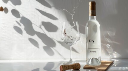 Minimalist Dry January concept with wine bottle, empty glass, and water splash on white background