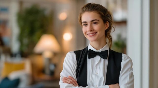 Female butler expressing confidence and composure while mediating minor guest dispute, emotion calm but empathetic, symbolizing diplomacy, leadership, and emotional intelligence in high-pressure