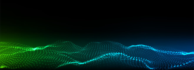 Futuristic technology wave. Digital cyberspace. Abstract wave with moving particles on a black background. Big data analytics.