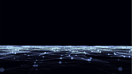 Technology wireframe landscape. Vector perspective grid. Digital space. Blue mesh on a black background.