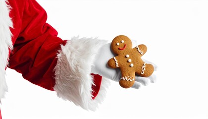 A close-up shot of a hand wearing a santa claus suit, holding a gingerbread man