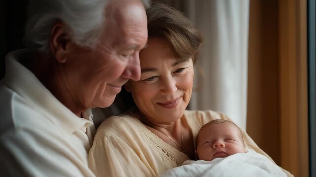 Grandparents gently holding a baby for the first time, eyes filled with joy and nostalgia, representing generational connection, unconditional love, and emotional fulfillment in family heritage and