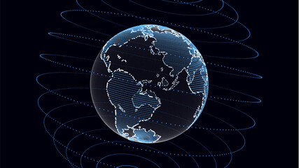 Virtual planet Earth with particles and lines. Network connection big data. Vector abstract technology blue background.