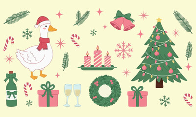 Christmas elements collection with tree gifts and festive ornaments vector