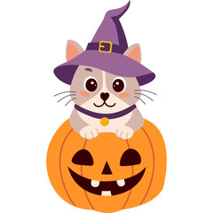 Cute cartoon cat wearing a witch hat sits on a Halloween pumpkin with a smiling face and transparent background