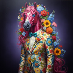 Fototapeta premium Whimsical Pink Horse in Floral Suit and Bowtie: Surreal Fashion Portrait Formally dressed in a bold, multi-colored floralpatterned suit complete with a white shirt and a teal bowtie. Year Of The Horse