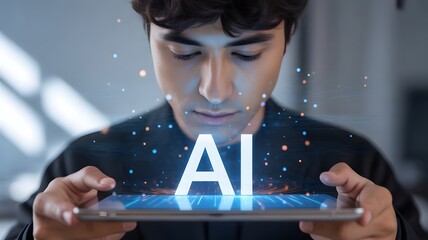 A young man intently studies a tablet displaying the glowing letters "AI" surrounded by digital particles.