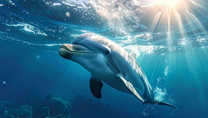 Naklejka premium 햇살이 비치는 푸른 바다 속을 헤엄치는 돌고래의 수중 사진 Graceful dolphin swimming through sunlit blue ocean — underwater photography