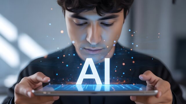 A young man intently studies a tablet displaying the glowing letters "AI" surrounded by digital particles.