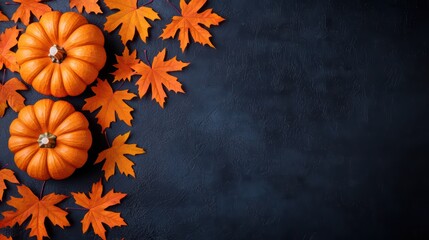 Vibrant Orange Pumpkins Surrounded by Colorful Autumn Leaves Against a Dark Background for Seasonal Decor or Harvest Themes