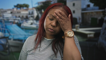 African american woman places hand on forehead with closed eyes beside moored boats at port;...