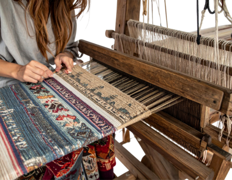 Artisan weaving cloth on wooden loom, traditional handmade fabric craft