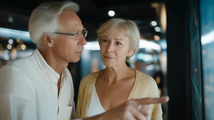 Senior couple comparing biometric data on large digital display, emotion of curiosity visible, representing aging technology, continuous monitoring, and medical wearables in everyday life. - Powered by Adobe